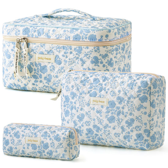 Picture of HBselect Quilted Makeup Bag, 3PCS Cotton Large Travel Makeup Bag, Cute Floral Coquette Make up Bag Cosmetic Bag Toiletry Bag for Women Girls
