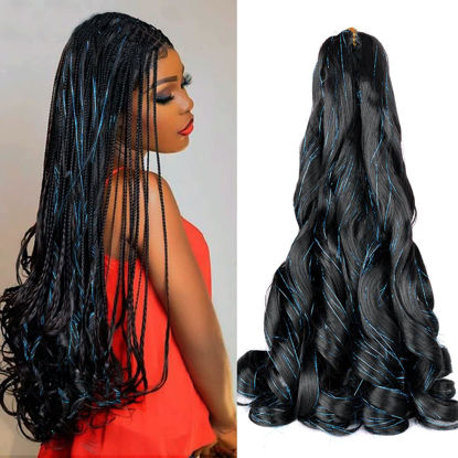 Picture of French Curly Braiding Hair 24 Inch Loose Wavy 8 Packs Bouncy Braiding Hair Extensions with 1B/Blue Hair Tinsel 75g/Pack Synthetic French Curl Hair Extensions(8pack,1B/Blue Hair Tinsel)