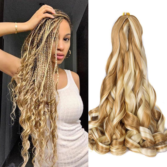 Picture of Curly Braiding Hair Box Braids #P27/613 Spanish Curly Braiding Hair for Box Braids 8 Packs Bouncy Braiding Hair 16 Inch Synthetic Braiding Hair Extensions(16 Inch,Pack of 8,P27/613)