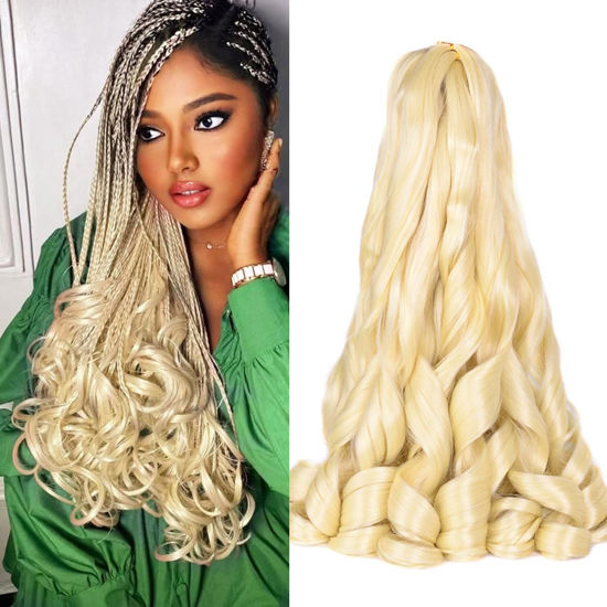 Picture of French Curly Brading Hair #613 Synthetic Bouncy Braiding Hair Extensions 75g/pack French Curly Crochet Hair Extensions 24inch (#613,8packs)