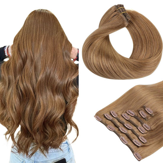 Picture of HOTBANANA Human Hair Clip in Hair Extensions, Bronde 120g Clip in Hair Extensions Real Human Hair Straight Remy Hair Clip in Hair Extensions 14 Inch 7pcs