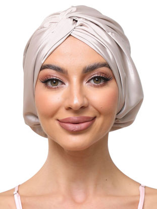 Picture of Satin Silk Sleeping Bonnet for Women Men: Adjustable Curly Hair Braid Wrap Night Cap Tie Elastic Drawstring Band - Champagne