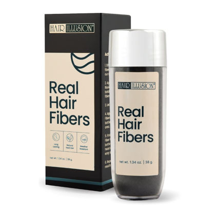 Picture of Hair Illusion Black Real Hair Fibers for Thinning Hair - 100% Natural Texture, Non Synthetic Hair Fibers - Bald Spot Cover Up for Women & Men - 38 Gram