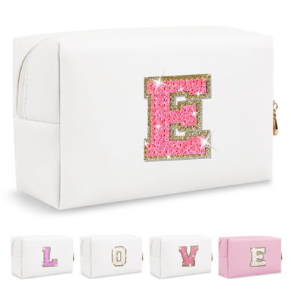 Picture of Small Personalized Initial A-Z Patch Makeup Bag,White Cute PU Leather Glitter Letter Cosmetic Bag for Teen Girls,Travel Toiletry Bag with Zipper,Preppy Monogrammed Birthday Gift for Daughter Niece E