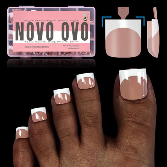 Picture of NOVO OVO French Tip Toe Nail Tips Press on, Sharp Square Pre-Designed Soft Gel False Toenail Extension, BROWN PINK Pre-applied Tip Primer & Base Coat, Full Cover Acrylic for DIY x 15 Sizes 240 pcs