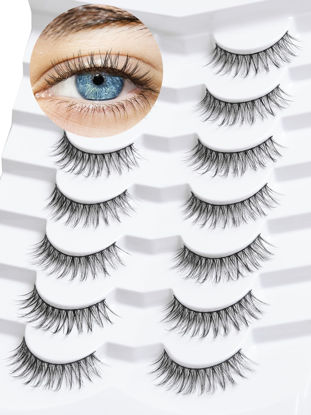 Picture of False Eyelashes Natural Look Wispy Lashes 10mm Short Lashes C Curl Strip Lashes 0.1MM Thin Band Lashes Pack Fake Eyelashes Siligli Eyelashes 7 Pair