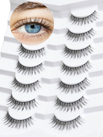 Picture of False Eyelashes Natural Look Wispy Lashes 10mm Short Lashes C Curl Strip Lashes 0.1MM Thin Band Lashes Pack Fake Eyelashes Siligli Eyelashes 7 Pair