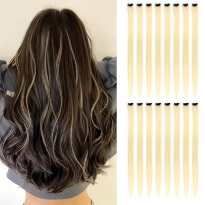 Picture of KGBFASS Blonde Hair Extensions One Color Clip in on Hairpieces Synthetic Colored Halloween Cosplay Christmas Party Highlight 20inch Colorful Hairpieces for Women Girls (613 16Pcs)