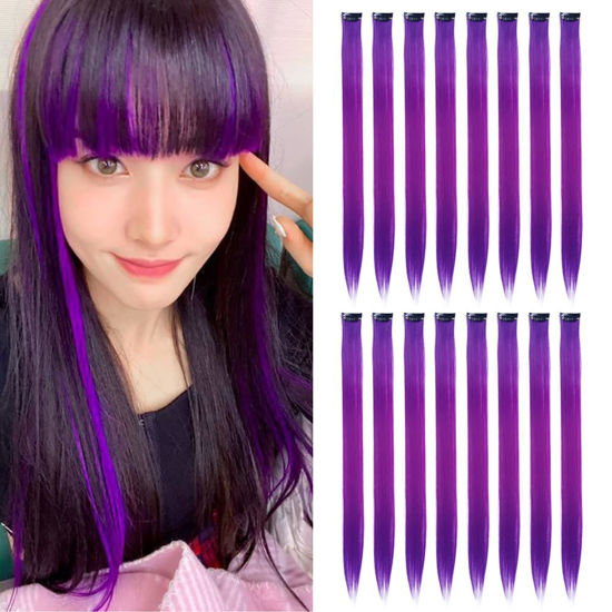 Picture of KGBFASS Purple Clip in on Colored Hair Extensions 20inch One Color Clip on Hairpieces Long Straight Halloween Cosplay Christmas Party Highlights Synthetic Colorful Hair for Women Girls 16Pcs