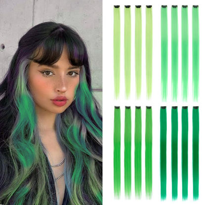 Picture of KGBFASS 16Pcs Green Colored Clip in Hair Extension Multi-colors Party Highlights Synthetic 20inch Color Hairpiece Halloween Cosplay Party Christmas New Year Gift for Women Kids Girls (Mix Green)