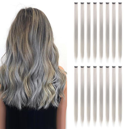 Picture of KGBFASS Grey Hair Extensions 20inch One Color Clip in on Hairpieces Straight Halloween Cosplay Christmas Party Highlights Synthetic Colorful Hairpieces for Women Girls Grey 16Pcs