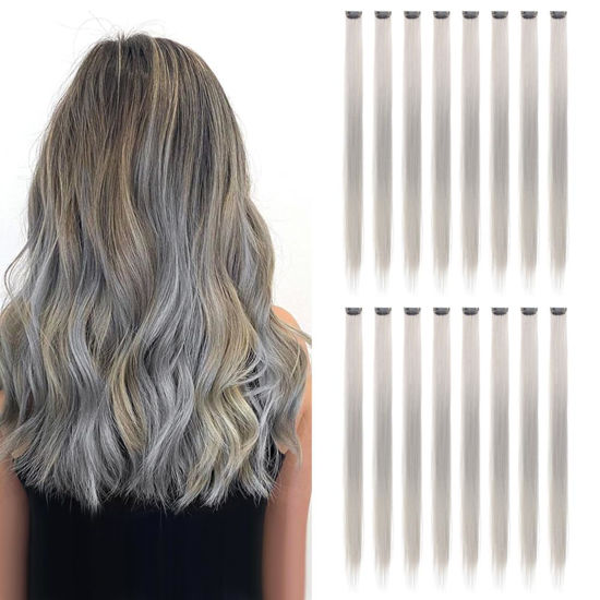Picture of KGBFASS Grey Hair Extensions 20inch One Color Clip in on Hairpieces Straight Halloween Cosplay Christmas Party Highlights Synthetic Colorful Hairpieces for Women Girls Grey 16Pcs
