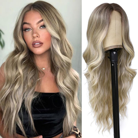 Picture of Colorful Quen 26 Inch Long Ash Blonde Wig for Women Ombre Blonde Highlight Wigs Middle Part Synthetic Lace Wig for Daily Cosplay Party Use