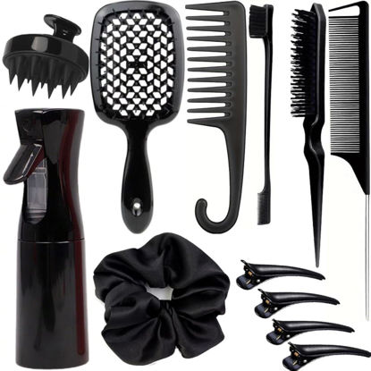 Picture of 12 Pcs Hair Styling Brush Set with Detangler, Teasing, Rat Tail, Edge Brushes and Baby Hair Brushes - Soft Bristles for Baby Girls and Women (Black)