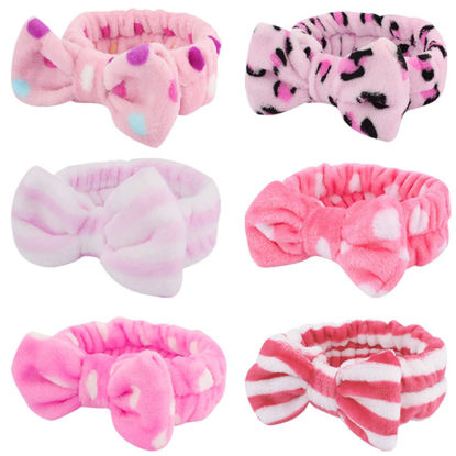 Picture of WHAVEL 6 Pack Pink Spa Headbands, Makeup Headbands Skincare Headbands Microfiber Bow Headbands Leopard Stripe Polka Facial Headband Soft Elastic Hair Band Headband for Washing Face