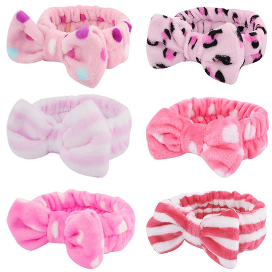 Picture of WHAVEL 6 Pack Pink Spa Headbands, Makeup Headbands Skincare Headbands Microfiber Bow Headbands Leopard Stripe Polka Facial Headband Soft Elastic Hair Band Headband for Washing Face