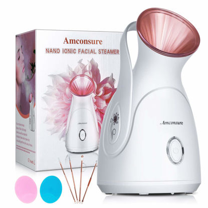 Picture of Facial Steamer, Amconsure Nano Ionic Face Steamer for Home, 100ML Warm Mist Humidifier for Women Moisturizing, Unclogs Pores-Bonus Stainless Steel Skin Kit and 2 Face Scrubbers