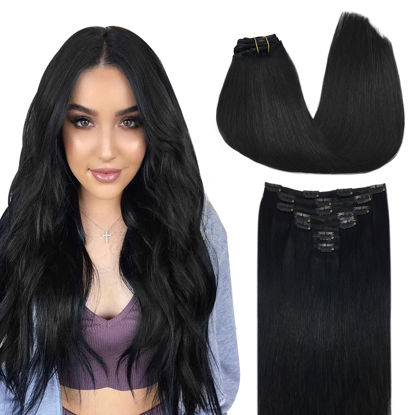 Picture of DOORES Hair Extensions Clip in Human Hair Jet Black 18 Inch 7pcs 120g Clip in Real Human Hair Extensions Natural Straight Remy Hair Extensions