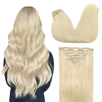 Picture of DOORES Clip in Hair Extensions Human Hair Platinum Blonde 18 Inch 120g 7pcs Remy Human Hair Extensions Clip in Real Natural Hair Straight