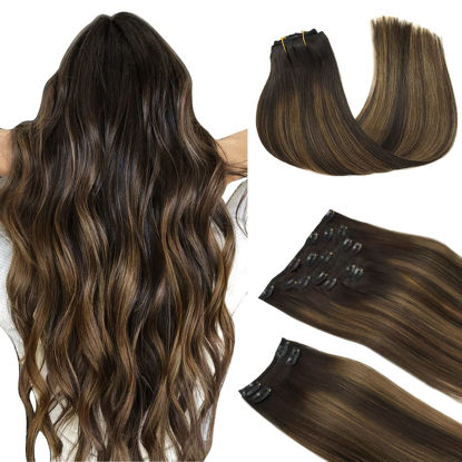 Picture of DOORES Clip in Hair Extensions Real Human Hair, Balayage Dark Brown to Chestnut Brown 24 Inch 9pcs 150g, Extensions Human Hair Clip in Remy Hair Extensions Natural Hair Extensions Thick Straight