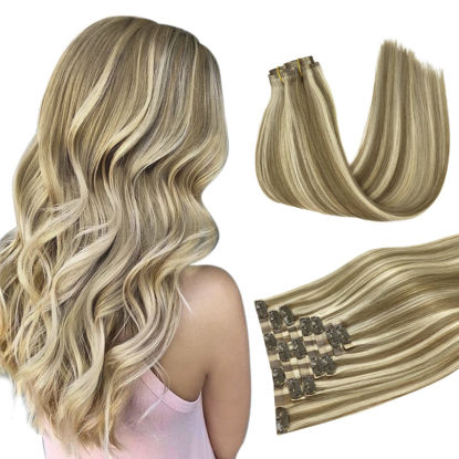 Picture of DOORES Seamless Clip in Hair Extensions, Light Brown Highlighted Medium Blonde 7pcs 110g 18 Inch, Human Hair Extensions Natural Remy Hair Extensions Straight Hair Invisi Edge Hair Extensions