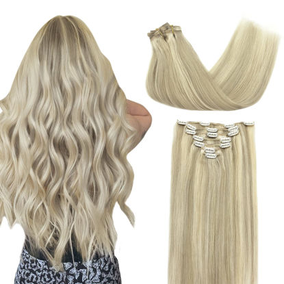 Picture of DOORES Clip in Hair Extensions Human Hair Balayage Ash Blonde Highlighted Platinum Blonde 120g 7pcs 20 Inch Remy Human Hair Extensions Clip in Straight Natural Hair Clip in Extensions