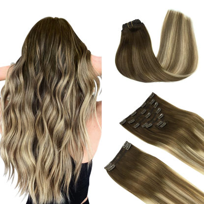 Picture of DOORES Hair Extensions Clip in Human Hair, Balayage Walnut Brown to Ash Brown and Bleach Blonde 150g 9pcs 20 Inch, Real Human Hair Extensions Clip in Straight Natural Hair Extensions