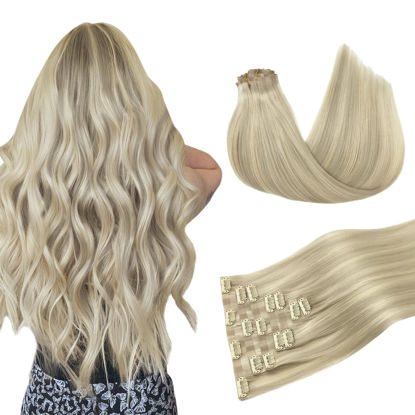 Picture of DOORES Clip in Hair Extensions Real Human Hair, Ash Blonde Highlighted Platinum Blonde 130g 7pcs 16 Inch Clip in Virgin Hair Extensions Invisible Edge, Hair Extensions Real Human Hair