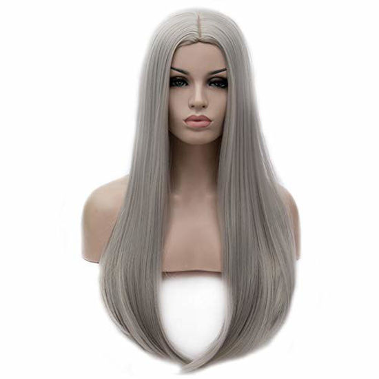 Picture of BERON 25 inches Silky Long Straight Wig Charming Women Girls Straight Wigs for Cosplay Party Daily Use Wig Cap Included (Silver Grey)
