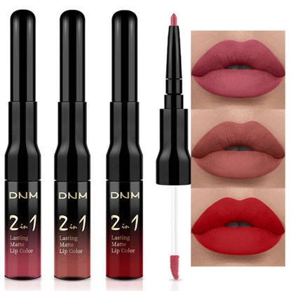 Picture of evpct 3Pcs Mauve Neutral Light Rosey Nude Blue Red Matte Liquid Lipstick and Lip Liner Stain Sets for Women, DNM Long Lasting 24 Hours Matte Lipstick labiales matte larga duracion 24 mate originales