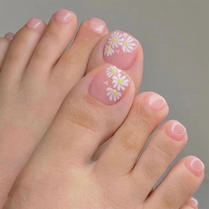 Picture of Flower Press on Toenails Pink Fake Toe Nails Floral False Toenails Glossy Full Cover Acrylic Toenails with Design Nude Pink Toe Press on Nails Toe Nail Press ons for Women Manicure 24Pcs