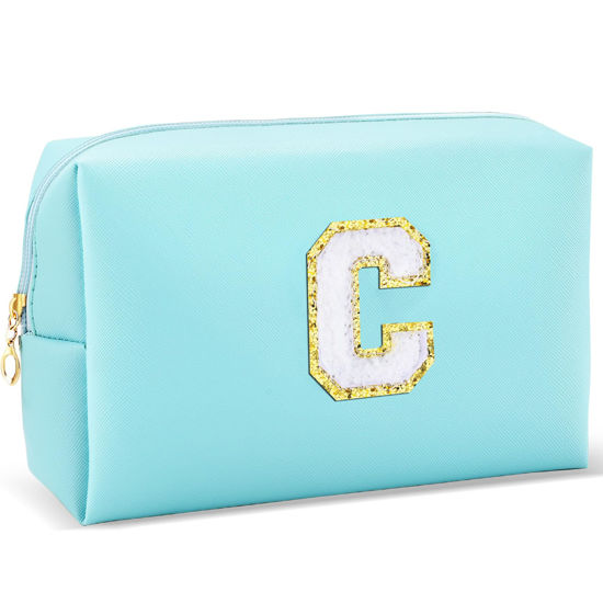 Picture of URSKYTOUS Gifts for Girls Initial Makeup Bag Personalized Cosmetic Bag with Zipper Cute Travel Toiletry Bag Waterproof PU Preppy Makeup Pouch Birthday Gift for Teen Girls Women(Blue C)