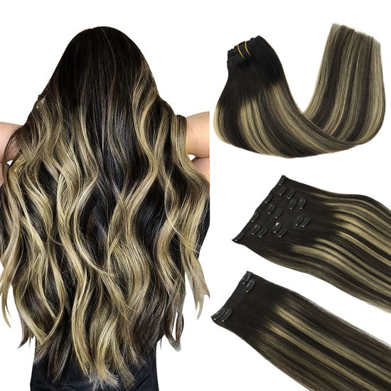 Picture of DOORES Hair Extensions Clip in Human Hair, Balayage Natural Black to Light Blonde 14 Inch 150g 9pcs, Clip in Hair Extensions Human Hair Remy Hair Extensions Clip in Human Hair Natural Hair Extensions