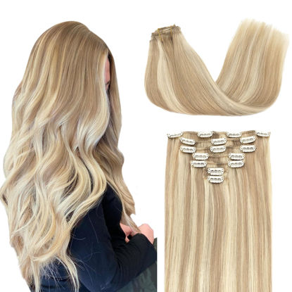 Picture of DOORES Clip in Human Hair Extensions Balayage Dark Blonde Highlighted Bleach Blonde 120g 7pcs 16 Inch Remy Hair Extensions Clip in Straight Natural Hair Extensions Clip in Remy Extensions