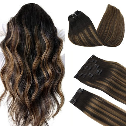 Picture of DOORES Clip in Hair Extensions, Balayage Natural Black to Chestnut Brown 14 Inch 150g 9pcs, Hair Extensions Real Human Hair Clip ins Remy Clip in Hair Extensions Natural Hair Extensions Straight
