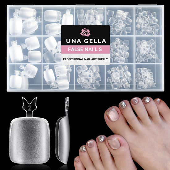 Picture of UNA GELLA Toe Nail Tips 312 Pcs Square Round Full Cover Fake Toe Nails Press On Clear 15 Sizes Pre-shape Soft Gel x Toe Nail Tips Double Matte Acrylic Toenails for Nail Extensions DIY Home Nail Salon