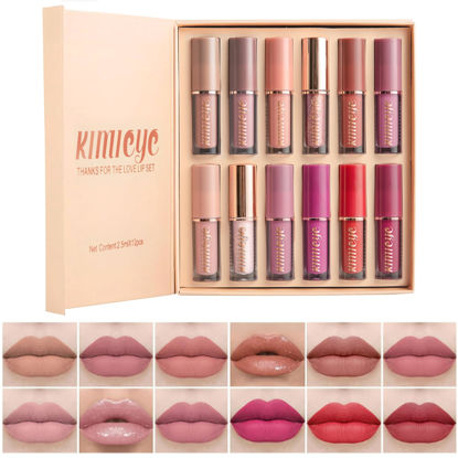 Picture of KIMIEYE 12Pcs Velvet Matte Liquid Lipstick Set, Waterproof Long Lasting Quick-drying Non-Stick Cup Nude Lip Stain Kit, Up to 24H Wear, Professional Lip Makeup Gift Kit for Women (SET A)