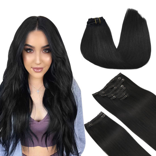 Picture of DOORES Clip in Hair Extensions Real Human Hair, Jet Black 150g 9pcs 16 Inch, Remy Hair Extensions Clip in Human Hair Hair Extensions Real Human Hair Straight Thick Extensions Human Hair Natural