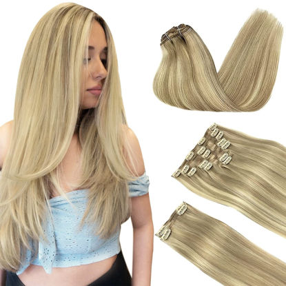 Picture of DOORES Human Hair Clip in Extensions, Light Blonde Highlighted Golden Blonde 150g 9pcs 20 Inch, Clip in Extensions Human Hair Natural Remy Clip in Hair Extensions Straight Thick Hair Extensions