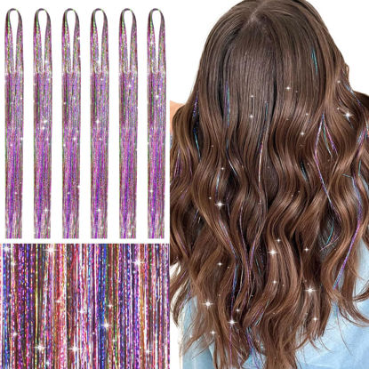 Picture of WENNALIFE Hair Tinsel for Girls, Rainbow Fairy Hair Tinsel Kit 1200 Strands 6PCS 48 Inch Heat Resistant Glitter Tinsel Hair Extensions Kit Christmas Hair Feathers Tinsel for Hair Sparkle Strands