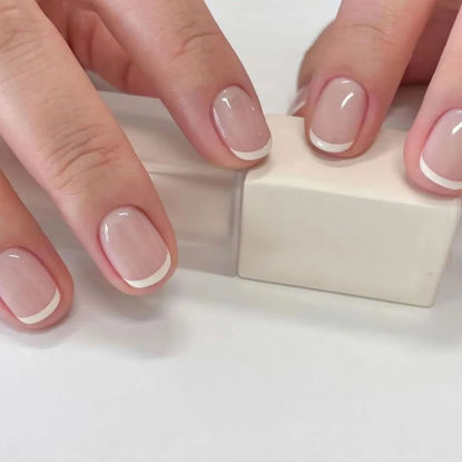 Picture of White French Tip Press on Nails Short Square Fake Nails Press ons Simple Style Acrylic Nails Full Cover Reusable Glossy False Nails Artificial Stick Glue on Nails for Women 24 Pcs