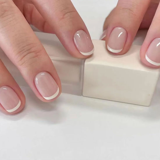 Picture of White French Tip Press on Nails Short Square Fake Nails Press ons Simple Style Acrylic Nails Full Cover Reusable Glossy False Nails Artificial Stick Glue on Nails for Women 24 Pcs