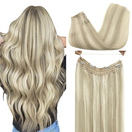 Picture of GOO GOO Wire Hair Extensions Human Hair, 17A/60A Ash Blonde mix Platinum Blonde Highlighted 20inch 110g, Invisible Wire Hair Extensions with Transparent, Seamless Fish Line Hairpiece