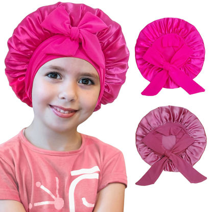 Picture of choshion 2 PCS Kids Bonnets for Girls, Silk Bonnet for Kids, Bonnet for Kids, Satin Bonnet for Sleeping, Baby Toddler Tie Bonnet Sleep Cap Bonnet for Curly Hair Braids
