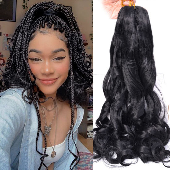 Picture of Luoyudu French Curly Braiding Hair 24Inch Loose Wavy 8 Packs #1B Black Bouncy Braiding Hair Extensions 75g/Pack Synthetic French Curl Crochet Hair Extensions（8packs,24Inch)