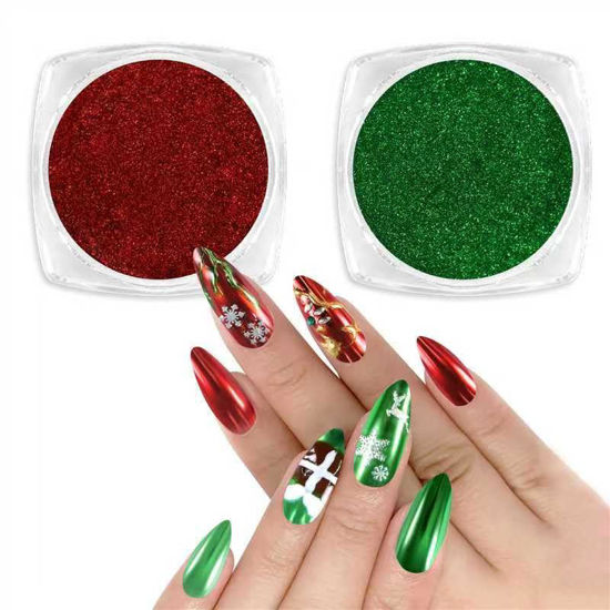 Picture of Allstarry Chrome Nail Powder, 2 Colors Red Green Metallic Effect Mirror Glitter Powder Pigment Sparkling Holographic Manicure Pigment Nail Magic Glitter Dust Kit for Christmas Nail Decoration