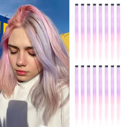 Picture of KGBFASS Colored Clip in Hair Extensions Ombre Purple Colorful Clip on Straight Fashion Hair Pieces Halloween Cosplay Dress Up Fashion Party Christmas Gift For Girls(Ombre Purple-pink)