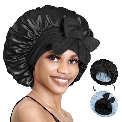 Picture of BONNET QUEEN Silk Bonnet for Sleeping Women Hair Bonnet REVERSIBLE Double Layer Satin Bonnet Tie Bonnet Sleep Satin Hair Wrap Night Cap For Curly Hair Black Blue