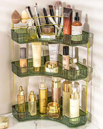 Picture of NATURE'S SOURCE Makeup Organizer for Vanity, 3-Tier Corner Bathroom Organizer Countertop with Makeup Brush Holder, Corner Counter Storage for Bathroom Dresser- Green