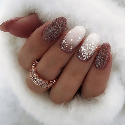 Picture of Christmas Press on Nails Oval Short Fake Nails White Light Red Gradient False Nails With Snowflake Star Designs Glitter Full Cover Stick on Nails Acrylic Winter Xmas Artificial Nails for Women 24Pcs